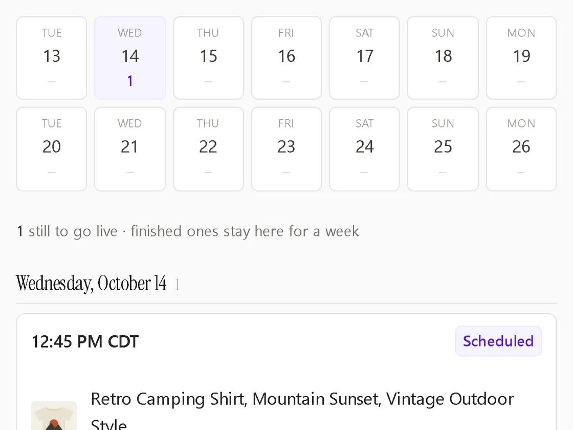 The Scheduled page: a two-week calendar and one listing set to go live at 12:45 PM