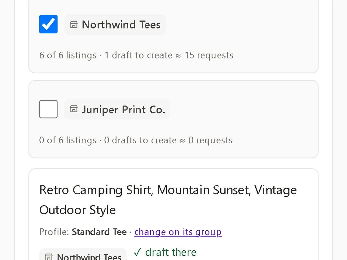 The review page's shop list: two shops, and for each listing whether it has a draft there