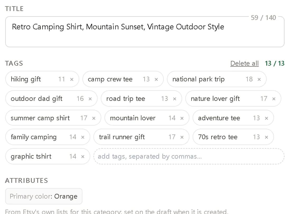 A listing's title with its length, its 13 tags with their lengths, and an attribute chosen from Etsy's list