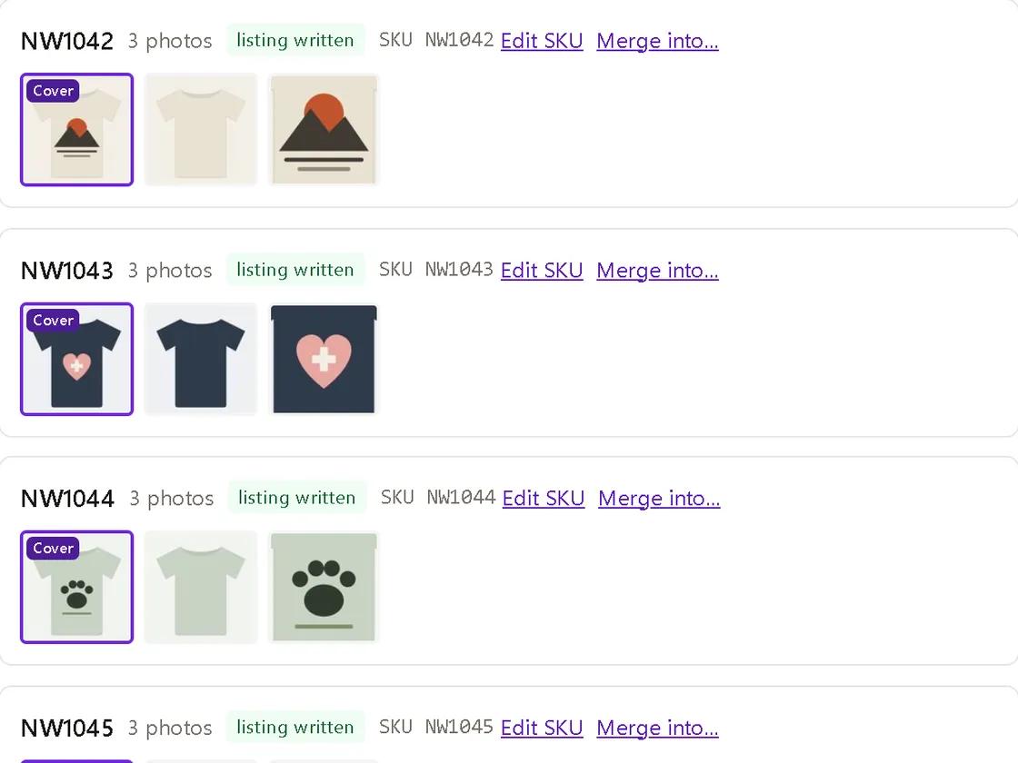 Photos arranged into listing groups by SKU, each group with its cover photo marked